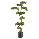 Mű fenyő bonsai fa, fekete színű műanyag cserépben.